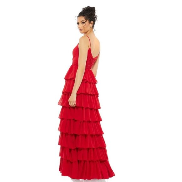 NWT Mac Duggal V-neck Tiered Ruffle Gown with Spagetti Straps Red 6 #8275 - Picture 4 of 10